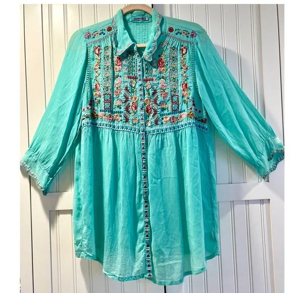 Gorgeous Johnny Was Floral Embroidered Blouse ~ Tiffany Blue ~ Boho Chic - Picture 4 of 14